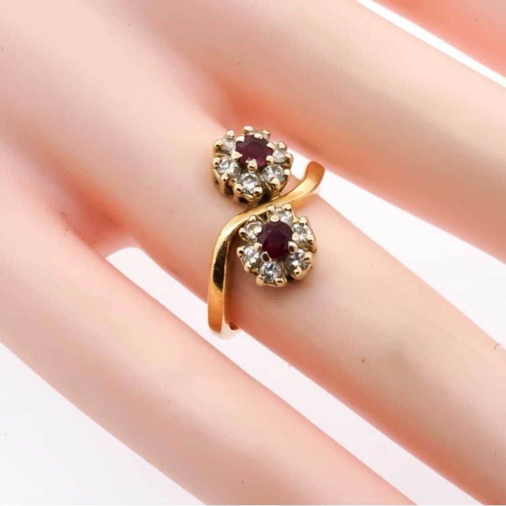 Vintage 14kp Yellow Gold Diamond Ruby Toi et Moi Ring - Picture 6 of 6